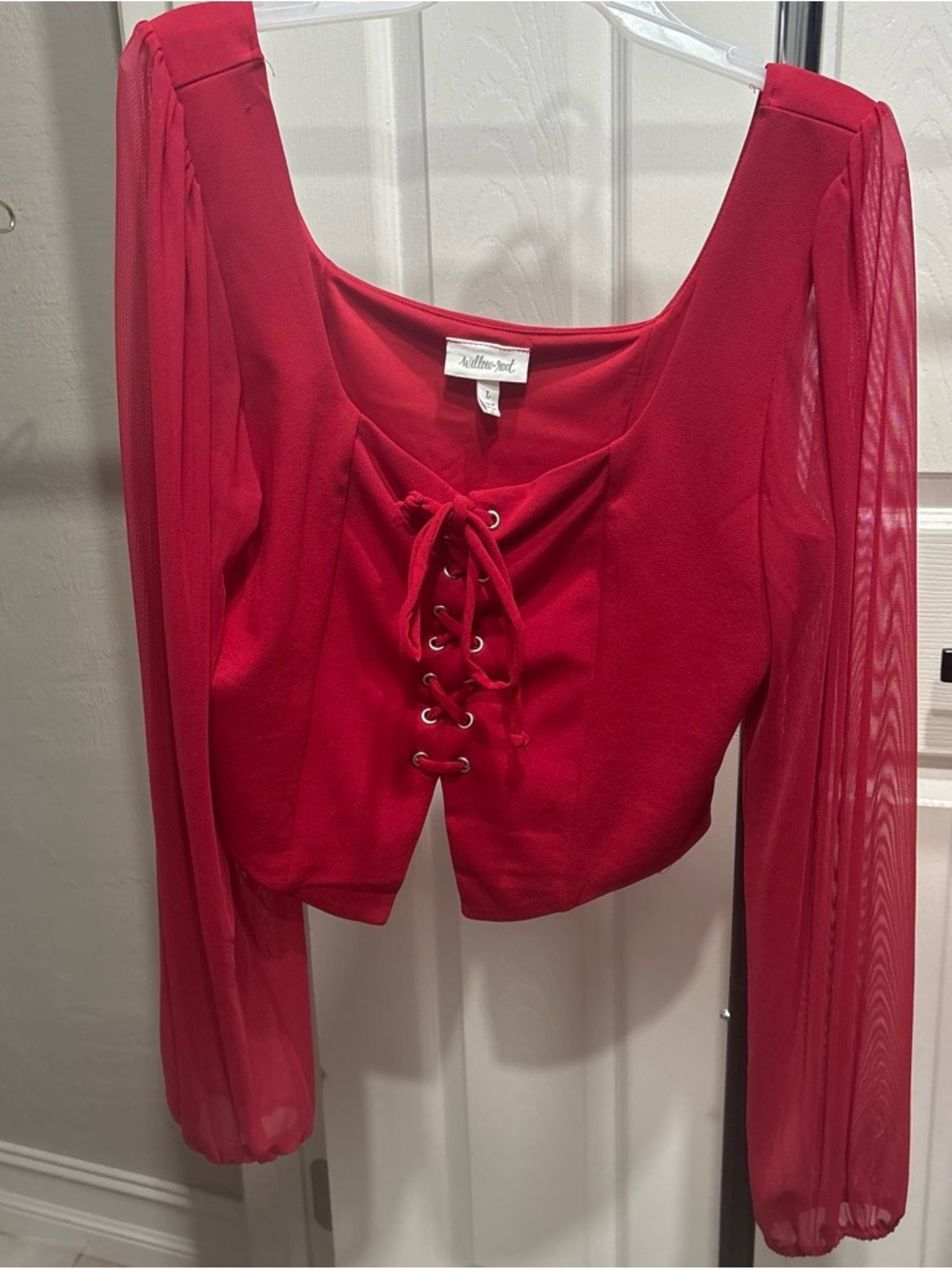 Willow & root Red Lace-Up Mesh Sleeve Crop Top